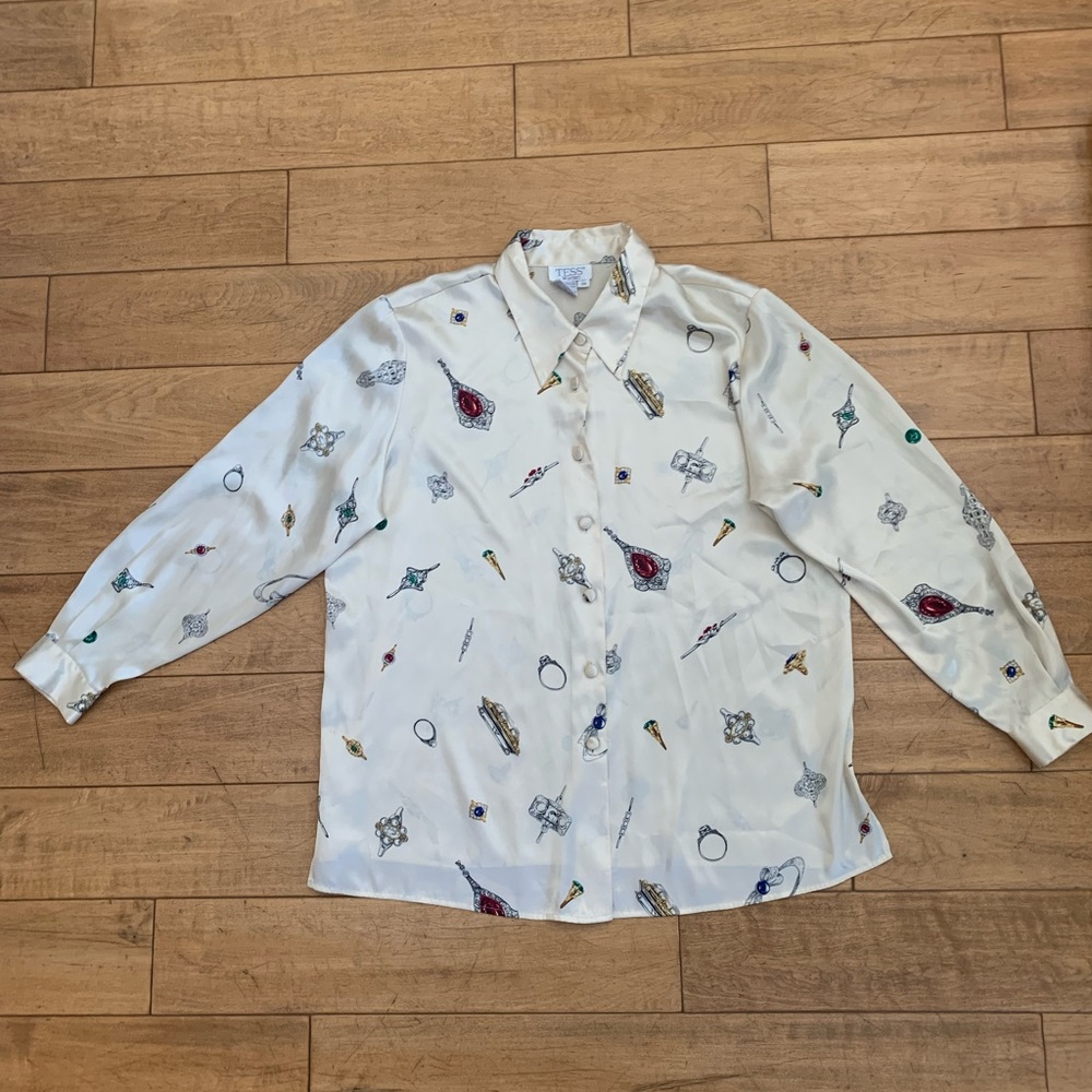 Vintage Button Front Shirt Jewelry Print 2X